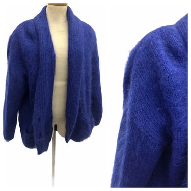 Vintage VTG 1980s 80s Electric Blue Mohair Textured Cardigan Sweater Jacket 