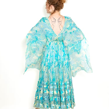 1970's Blue Silk Printed Chiffon Dress 