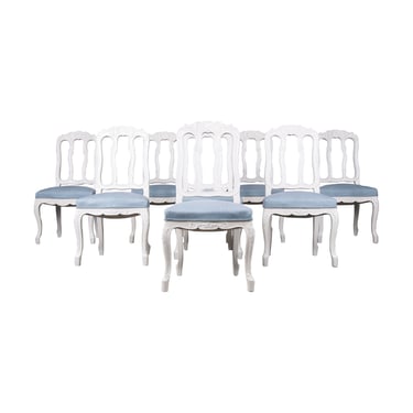 French Louis XV Provincial Style Painted Dining Chairs W/ Light Blue Linen - Set of 8 