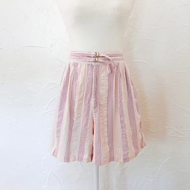 80s Belted Pink Purple Cotton Striped High Waisted Shorts | Small/Medium/28