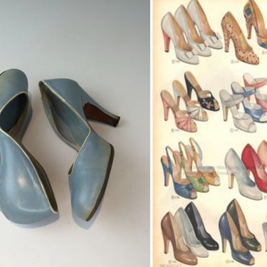 Walk Astride - Vintage Late 1940s 1950s Baby Blue Leather Pumps Heels Shoes - 7 1/2B 