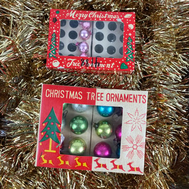 Vintage Miniature Christmas Tree Ornament set of 16, Includes two boxes, Package Ties, Center Pieces, Table Trees, Sprays, Multi Color Balls 