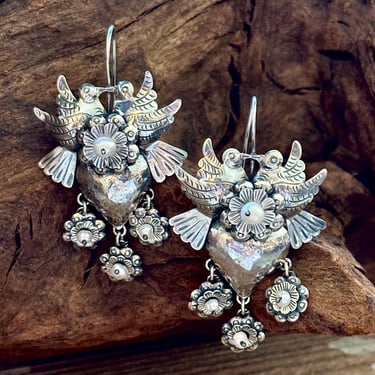 PEARL LOVEBIRDS Mexican Sterling Silver Heart Dangle Earrings | Pearl Bead Flower Detail Earrings | Birds, Flowers, Heart | Made in Mexico 