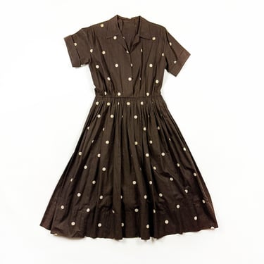 1950s Brown Circle Print Shirt Dress / Day Dress / Shirt Dress / Fit and Flare / New Look / 50s / Pin Up / Medium / Brushed Cotton / M 