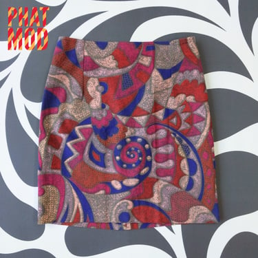 Cool Vintage 90s Dusty Colored Purple Red Gray Psychedelic Patterned Mini Skirt by The Limited 