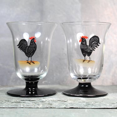 Set of 2 Black Rooster Cordial Glasses | MCM Glass 3 oz Glasses | Vintage Barware | Vintage Shot Glasses | Bixley Shop 