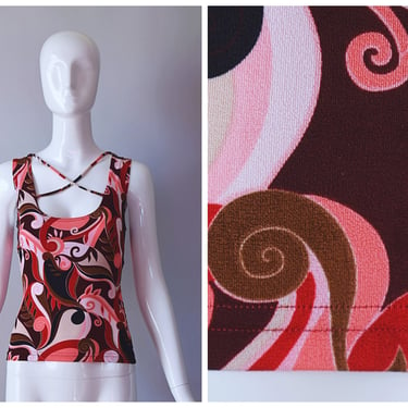 Vintage Y2K A. Byer Pink and Red Swirl Print Slinky Spandex Sleeveless Top | retro 90s 1990s 2000s | 