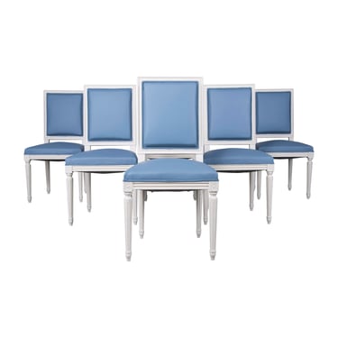 French Louis XVI Style Painted Square Back Dining Chairs W/ Blue Vinyl - Set of 6 