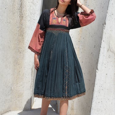 Vintage 70s Embroidered Folk Dress, XS/S Women, multicolor cotton linen 