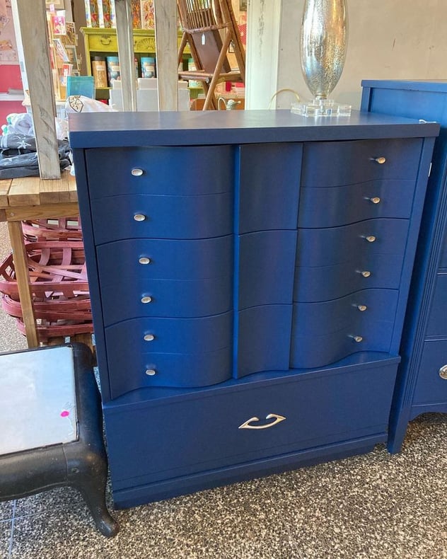 Deep blue mid century chest of drawers. 34.5” x 18” x 43”