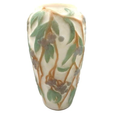 1924 Phoenix Consolidated Satin Glass Lamp Vase W/ Grape Leaves Floral 