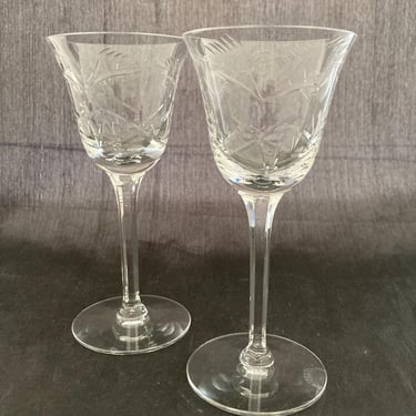 Set of 2 Vintage Art Deco 2 OZ Tall Floral Etched Crystal Cordial / Sherry Glasses, Mid Century Modern Port Liqueur Amaro Spirit Tasting 