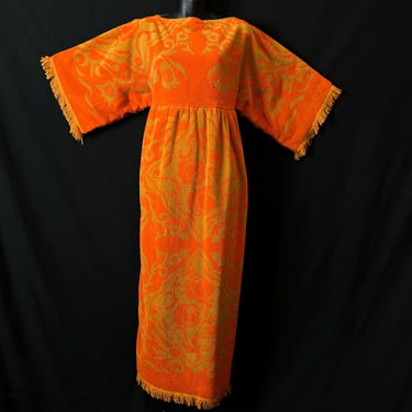 vintage towel dress 1970s orange terry cloth maxi medium large 