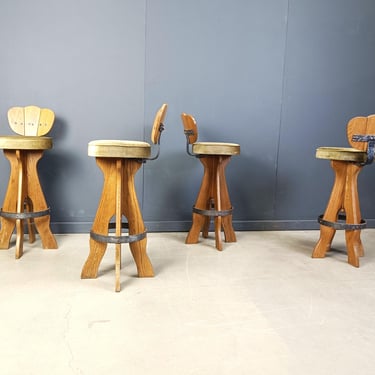 Set of 4 vintage brutalist bar stools, 1960s - mid century bar stools - rustic bar stools - wooden bar stools 