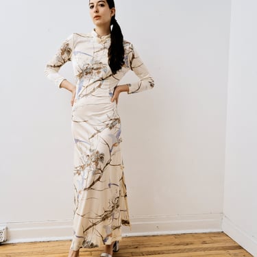Cheongsam Maxi Dress with Cherry Blossom and Bird Print