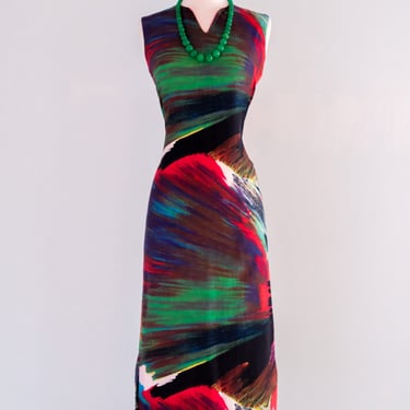 VIBRANT 1960's Abstract Fan Brush Print Sleek Column Dress / Sz M/L