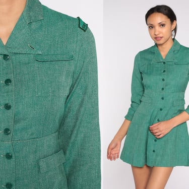 Girl Scout Dress 50s Mini Button Up Uniform Dress Long Sleeve High Waisted Retro Green School Girl Brownie USA Vintage 1950s Extra Small xs 