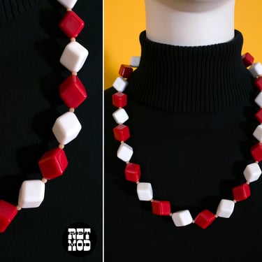 Funky Vintage Red & White Square Beaded Necklace 