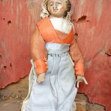 1800's Neapolitan Italian Creche Religious Doll with Glass Eyes, Antique Peasant Woman in Original Clothes for Christmas Nativity or Putz 