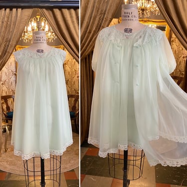 1960s peignoir set, pale green nylon, puff sleeves, vintage nightgown, sheer robe, 60s 2 piece set, medium large, mrs maisel, boudoir, pin 
