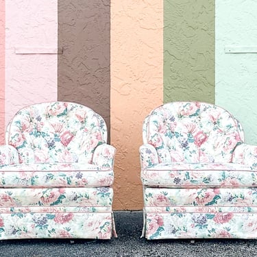 Pair of Cute Floral Upholstered Swivel Chairs