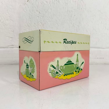 Vintage Metal Recipe Box White Pink Green Yellow 1950s Ohio Art Co. Tin Made in USA Mid Century Teapot Recipes 