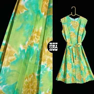 Beautiful Vintage 60s Green & Gold Abstract Watercolor Floral Cotton Fit and Flare Sleeveless Spring Dress 