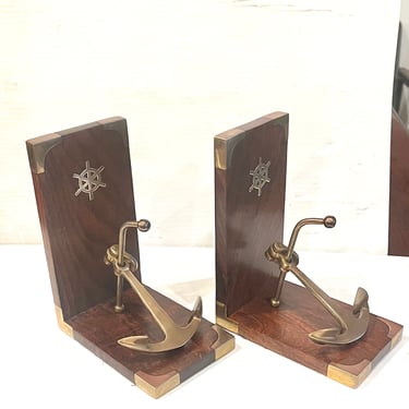 Pair of Solid rosewood &amp; Brass Italian Nautical Anchor Bookends