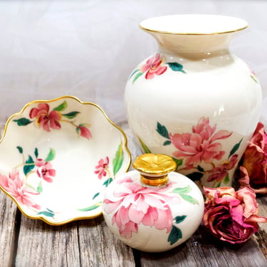 VINTAGE: 1980s - Lenox Barrington Fine Porcelain Pink Floral Vase, Jewelry Dish, Perfume Bottle - Fine Porcelain - SKU 22-D-00032547 