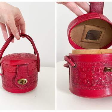 Vintage 1940’s ‘50s genuine red leather hand tooled purse | Mexican tooled bag, mini purse, pin up 