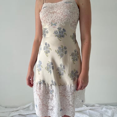 1930's Blue Floral Print Spaghetti Strap Slip with White Lace