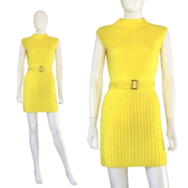 1960s Vivid Yellow Knit Summer Sweater Dress - 60s Mod Sweater Dress - Vintage Knitwear - 60s Yellow Dress | Size Small / Med 