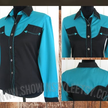 Vintage Retro Women's Cowgirl Western Shirt by Panhandle Slim, Rodeo Queen Blouse, Turquoise Blue & Black, Tag Size Small (see meas. photo) 
