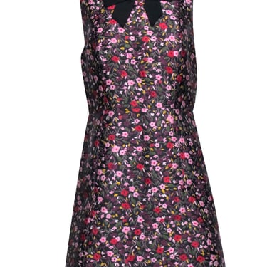 Kate Spade - Pink, Purple, & Gold Jacquard Floral Print Dress w/ Bow at Neckline Sz 10