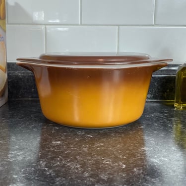 Vintage Pyrex Old Orchard Brown Orange Casserole Dish w/Lid | Pyrex 474 1.5 QT | Round Casserole dish Solid Brown Lid | 1970s Pyrex Dish 