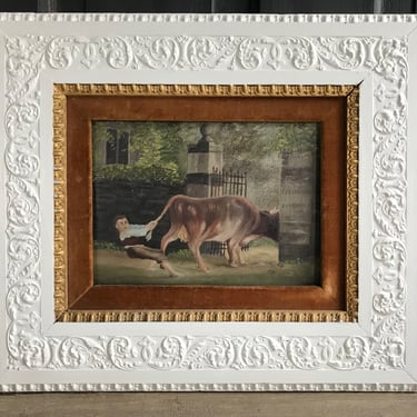 Antique Folk Art Oil Painting, Framed, Humorous Cow Garden Scene, Original Painted Frame, KH 