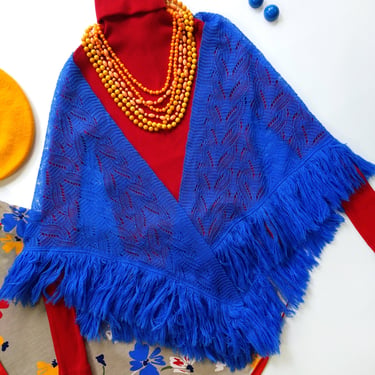 Absolutely Lovely Vintage 60s 70s Blue Shawl with Lots of Fringe 