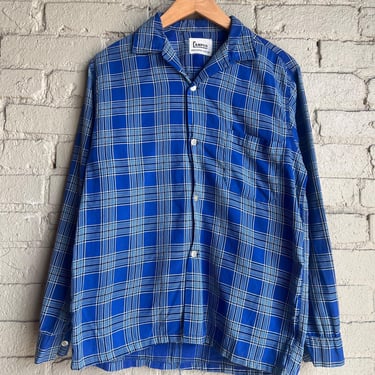 Small, Vintage 1950s Blue Plaid Campus Loop Collar Shirt, Cotton, As Is 