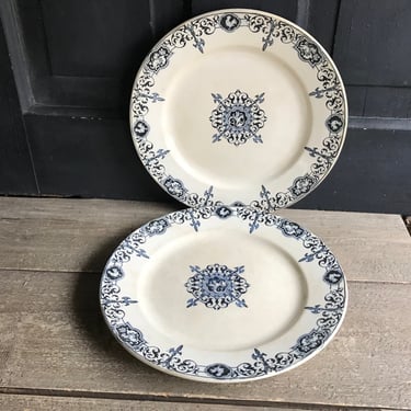 French Faïence Plate, Dish, Dark Indigo, Rooster Pattern Transferware, E Bourgeois, Tea Stained, Sold by Each 