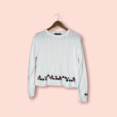 Vintage White Christmas Embroidered Holly Lizsport Sweater, Size Small 