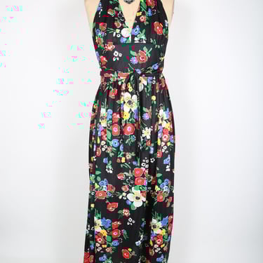 Vintage Black Floral Halter Top Maxi Sundress Vintage Dress Summer Garden Party 