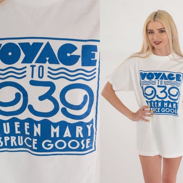 Long Beach T-Shirt Y2K Queen Mary Spruce Goose Voyage To 1939 Shirt Ship Hotel Disney Party Graphic Tee California White Vintage 00s Medium 