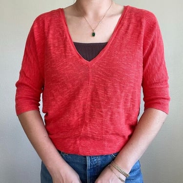 Eileen Fisher Coral Linen Organic Cotton Blend Sheer Knit V Neck Sweater Blouse 