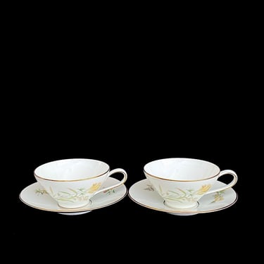 Vintage Mid Century Modern ROSENTHAL Porcelain BETTINA Pattern Floral Scenes Cup and Saucer 1950s White & Gold Trim Kronach Germany 