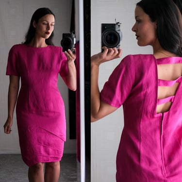 Vintage 80s Capriccio Fuchsia Linen Sheath Dress w/ Asymmetrical Triangle Panel Hemline | 100% Linen | 1980s Designer Pink Avant Garde Dress 