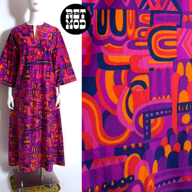 Insane Vintage 60s 70s Purple Pink Orange Psychedelic Op Art Patterned Tunic Maxi Dress 