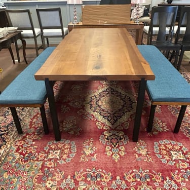 Karsten Live Edge Dining Table &amp; 2 Benches with Blue Denim Upholstered Cushions from Dania Furniture
