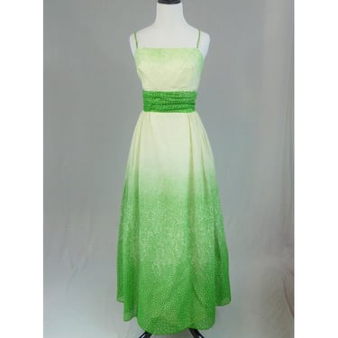 70s Green Off-White Polka Dot Dress - Long Ombré Formal - Sleeveless Maxi Party Gown - Vintage 1970s - XS 33-25-40 