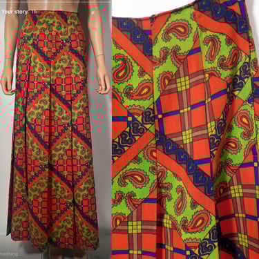 Vintage 60s/70s Psychedelic Paisley Print Pleated Wool Maxi Skirt Size 27 Waist 