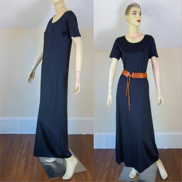 Vintage plain black short sleeve maxi spandex dress, shiny slinky bodycon stretch ankle length minimalist aesthetic 90s goth style 